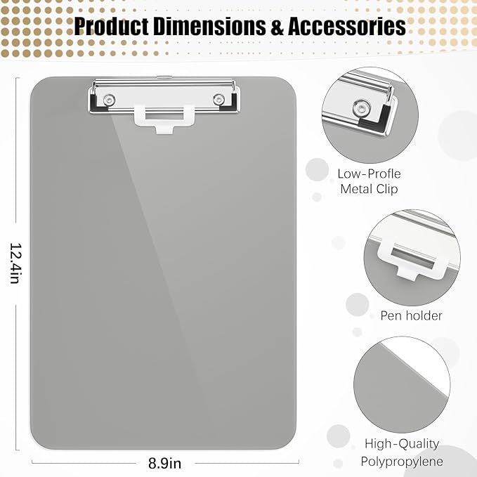 Hongri Plastic Clipboard with Pen Holder, Gray 8.5x11 Letter Size Clip Board for Classroom, Office, Students, Nurses and Women, Low Profile Clip, Size 12.5 x 9 in