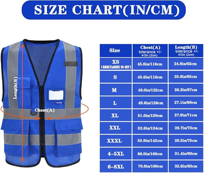 A-SAFETY Blue safety vests Reflective Safety Vest Hi Vis Bright Neon Color with 4 Reflective Strips 8 Pockets, Blue