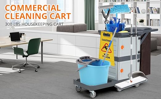 Commercial Janitorial Cart with 2 Cabinet - Black Housekeeping Caddy with Cover, Shelves, and Vinyl Bag