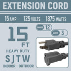15 FT 12 Gauge Extension Cord Outdoor, Heavy Duty Weatherproof & Flame Retardant Black 3 Prong Power Cord, Outside for Garden & Lawn, 15 Amps 1875 Watts 125 VAC 12AWG SJTW, UL Listed