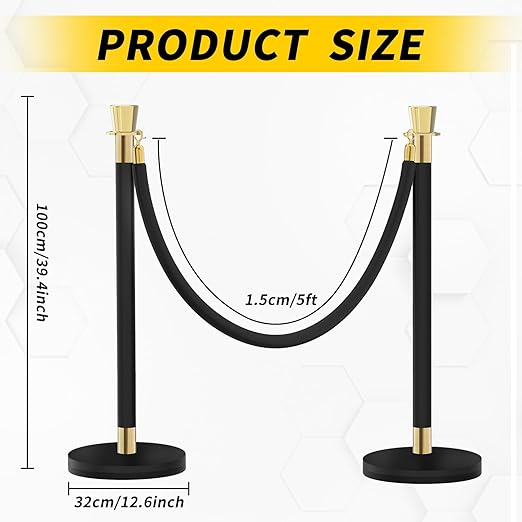 Black Stanchion, 5 ft Black Velvet Rope Red Carpet Ropes and Poles, Stainless Steel Stanchions Post Used for Theaters, Parties, Wedding, Exhibition, 6PCS