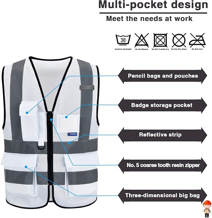 A-SAFETY 6XL-8XL,Hi Reflective Safety Vest,Hi Vis Bright Neon Colors Safety Vest with 4 Reflective Strips 7 Pockets(White)