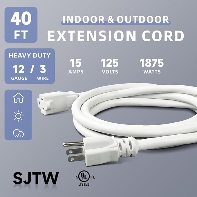 EP 40 Ft Outdoor Extension Cord, 12/3 SJTW Heavy Duty Extension Cable with 3 Prong Grounded Plug, 15 AMP Power Cord for Lawn, Garden, Appliances, White