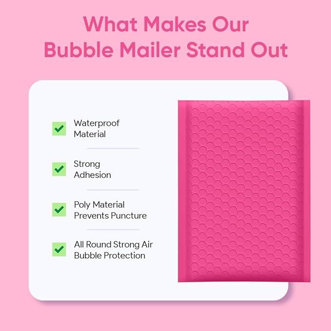 Hot Pink Small Poly Bubble Mailers 6x10 inch #0 | Self Seal Padded Envelopes | Cushioned Bubble Mailer | Usable Size 6x9 | 250 Pack Bulk | WaterProof | Lightweight mailing Shipping Bags