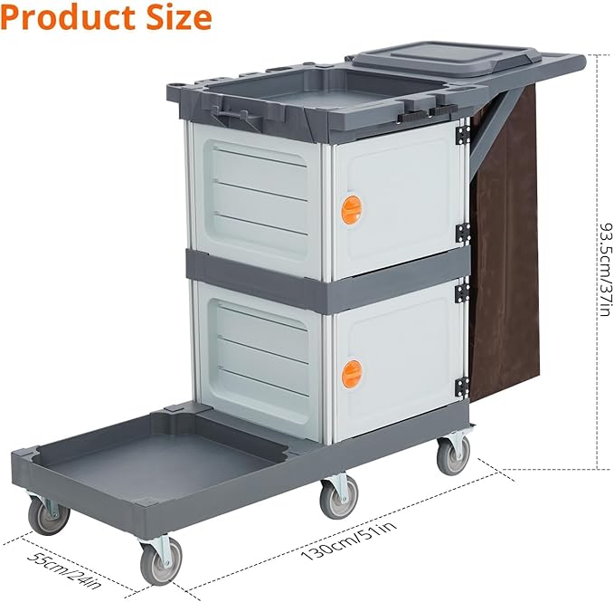 Commercial Janitorial Cart with 2 Cabinet, Housekeeping Caddy with Cover, Shelves, and Vinyl Bag, Cleaning Cart On Wheels
