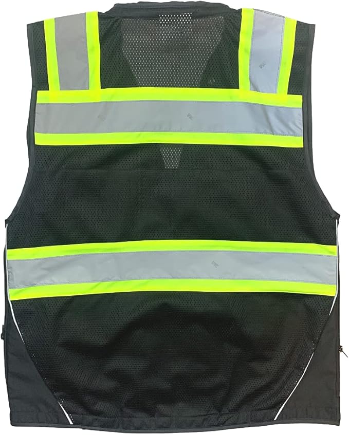 Black Safety Vest, XX-Large, Men's Professional Surveyors Vest with Zipper and Utility Pockets