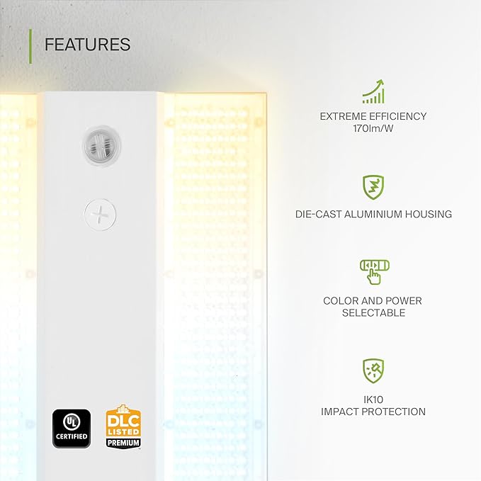 ASD LED Linear High Bay Light Fixture, Commercial Shop Lighting | 3CCT, Dimmable, Power Adjustable, DLC Premium, UL Listed | 100W 16000LM 3500-5000K 100-277V | Warehouse, Garage, Workshop Lamp | White