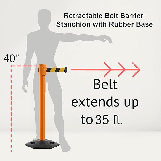 Montour Line MSR760 Set of 2 Retractable Belt Barrier Stanchion, Rubber Base, Orange Post (35 ft Red with"NO Parking" White Letters Belt)