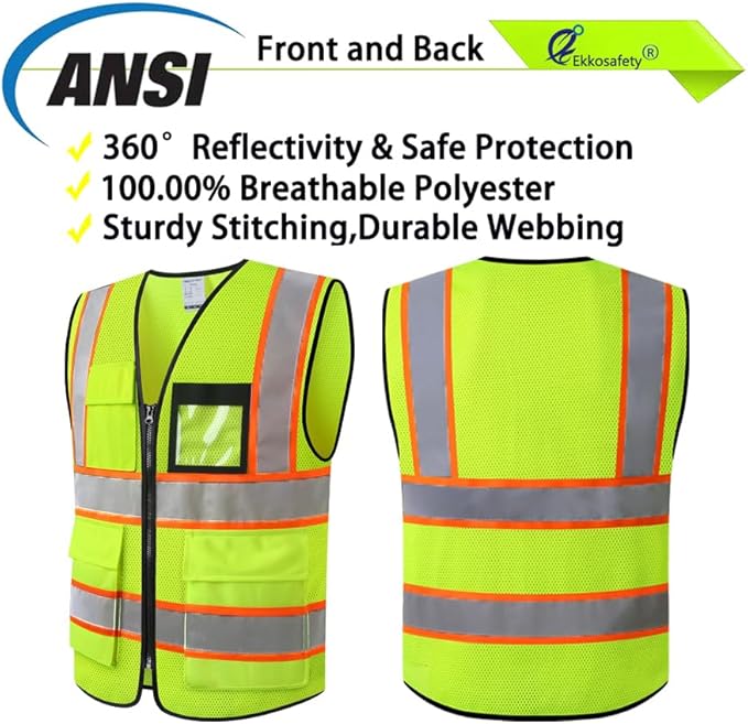 Reflective Mesh Safety Vest for Men Women with 8 Pockets and Zipper Front High Visibility Mesh Vest Hi Vis Construction Work Vest,Meets ANSI/ISEA Standards(EKH1-Yellow-2XL)