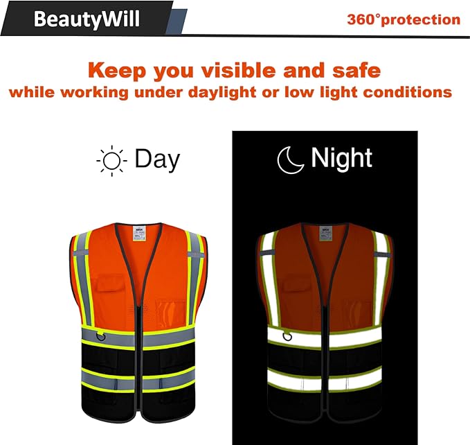 BeautyWill Custom Logo Safety Vest Class2 High Visibility Reflective Vest Breathable Construction Vest