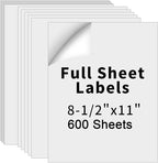 8.5" x 11" Full Sheet Label Sticker Paper for Laser & Inkjet Printers, Self Adhesive Full Page Shipping Labels, Printable White Matte Mailing Label Stickers(600 Sheets, 600 Labels)