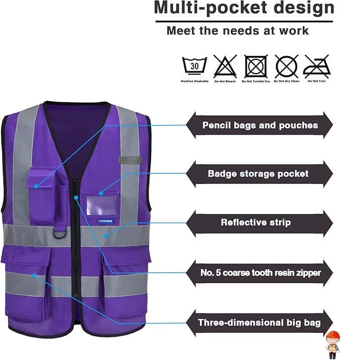A-SAFETY Purple High Visibility Safety Vest with 4 Reflective Strips 7 Pockets,Small