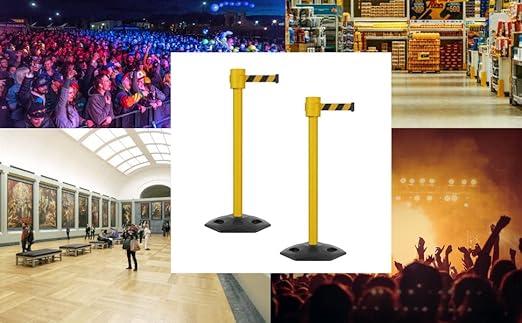 Montour Line MSR760 Set of 2 Retractable Belt Barrier Stanchion, Rubber Base, Yellow Post (35 ft Yellow Belt)