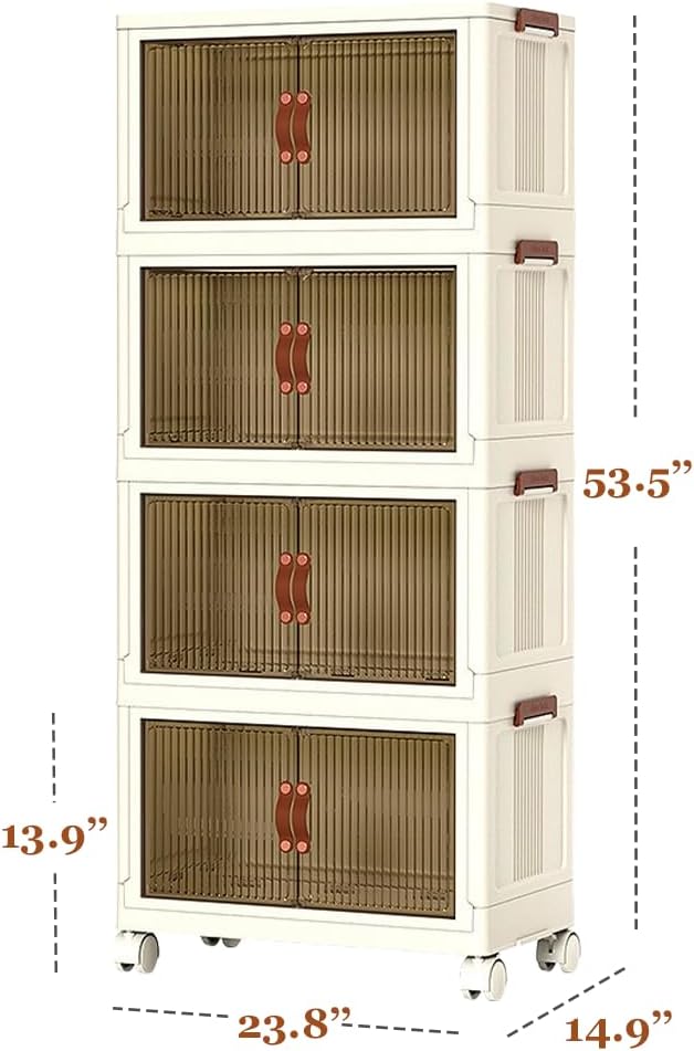 4 Tier Plastic Stackable Storage Bins and Boxes Organizer, Foldable Containers, Stackable Closet Organizers, Collapsible Boxes, White (4 Tier, 23.6″)