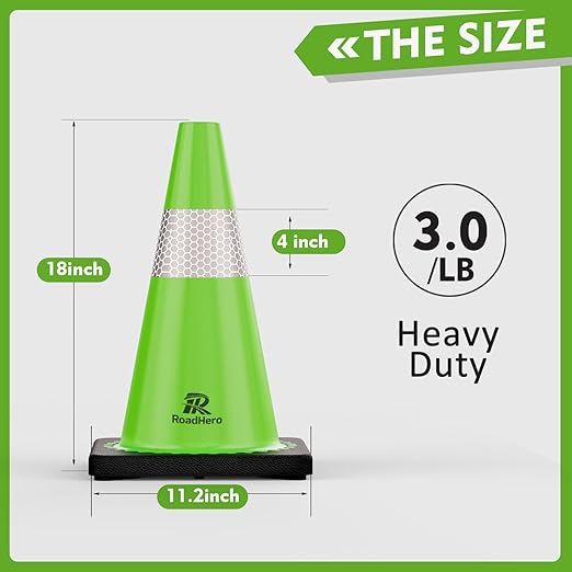RoadHero 8 Pack Traffic Safety Cones 18 Inch with Black Weighted Base, Plastic PVC Lime Green Cone with Reflective Collar, Cones for Parking Lot, Construction Events, Road Safety