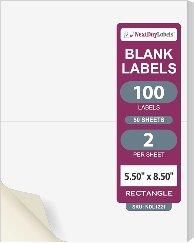NextDayLabels – 8-1/2" x 5-1/2" Rectangular Sticker Labels for Printer - White Laser/Inkjet Printer Labels Return Address Labels Shipping Label Stickers (50 Sheets, 2 Per Sheet, 100 Labels)