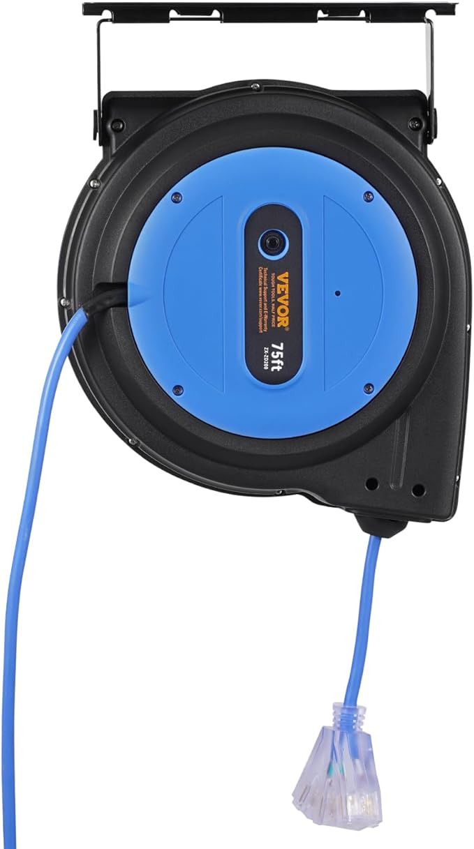 VEVOR 75FT Retractable Extension Cord Reel, 14AWG/3C SJTOW Heavy Duty Power Cord w/Lighted Electrical Triple Tap Outlets, 13A Circuit Breaker,180° Swivel Bracket for Workshop or Garage, Blue
