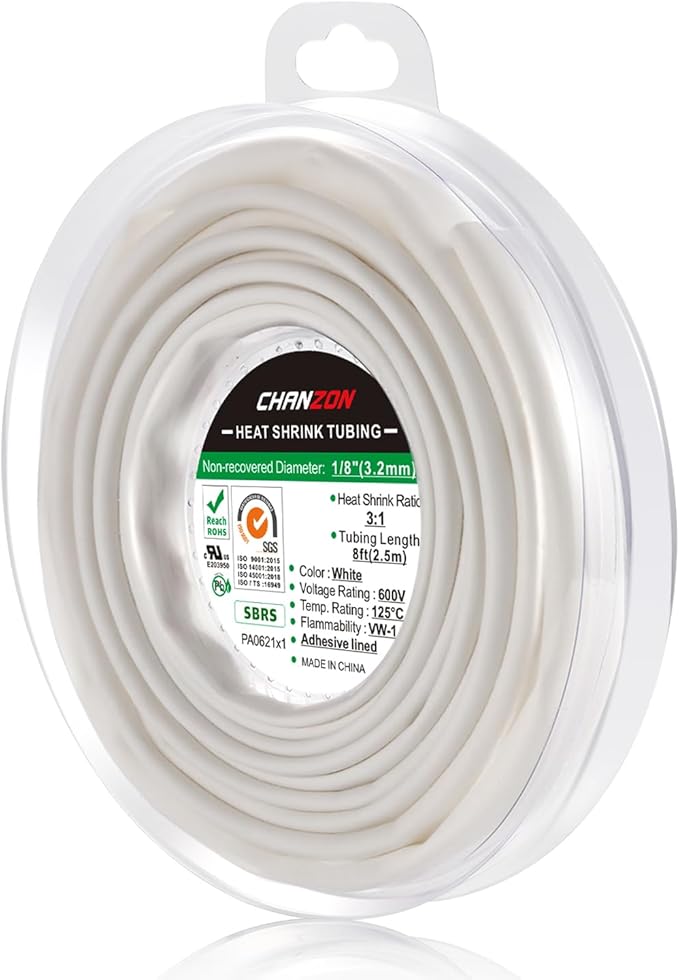Chanzon 3:1 Ratio 1/8" (3.2mm) Heat Shrink Tubing - Marine Grade Waterproof Adhesive Lined - 8Ft Roll (2.5M Total Length) White Polyolefin Sleeving Wrap Shrinking 3 to 1 Ratio 1pcs