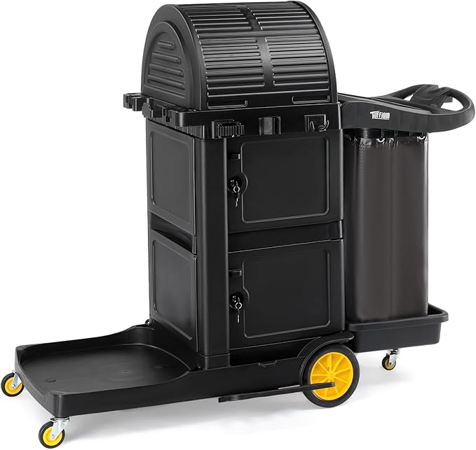TUFFIOM Janitorial Cart with Key-Locking Cabinet, 3-Shelf Commercial Cleaning Cart with Wheels, Housekeeping Caddy with Locker, Black, Great for Hotel, Stores, Schools, and Business