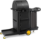 TUFFIOM Janitorial Cart with Key-Locking Cabinet, 3-Shelf Commercial Cleaning Cart with Wheels, Housekeeping Caddy with Locker, Black, Great for Hotel, Stores, Schools, and Business