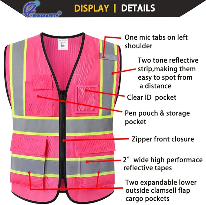Safety Vest for Men Women,Mesh High Visibility Construction Work Vest with Reflective Strips,Meets ANSI/ISEA Standards(EK175-Mesh-Hot Pink-S)
