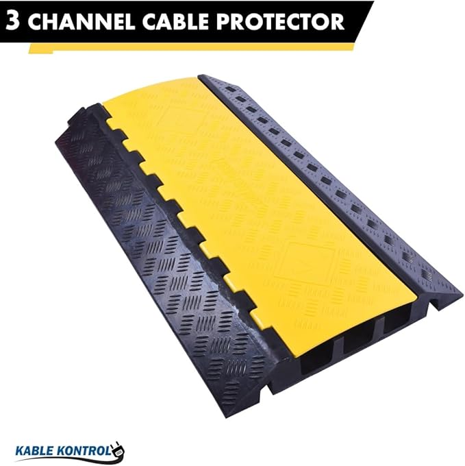 Kable Kontrol Atlas Heavy Duty Cable Protector Ramp - 3 Channel Bulk Wholesale Pallet - 10 Pcs - 36” Long Black & Yellow – 44000 Lbs Capacity - Rubber Speed Bump Wire Protector Cord Cover – CP9986