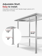 All-Stainless Steel Prep Table, 30 X 36 Inch, with Rounded-Corner Backsplash and Adjustable Undershelf, Heavy-Duty for Outdoor Use,Restaurants,Hotels,Workshops,Kitchens,Gardens, and Garages