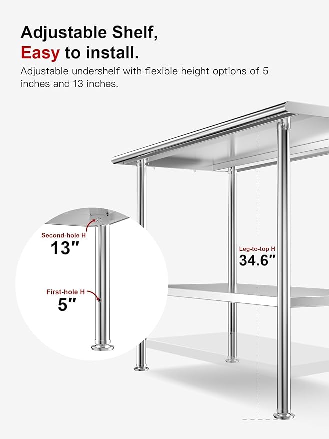 All-Stainless Steel Prep Table, 30 X 36 Inch, with Rounded-Corner Backsplash and Adjustable Undershelf, Heavy-Duty for Outdoor Use,Restaurants,Hotels,Workshops,Kitchens,Gardens, and Garages