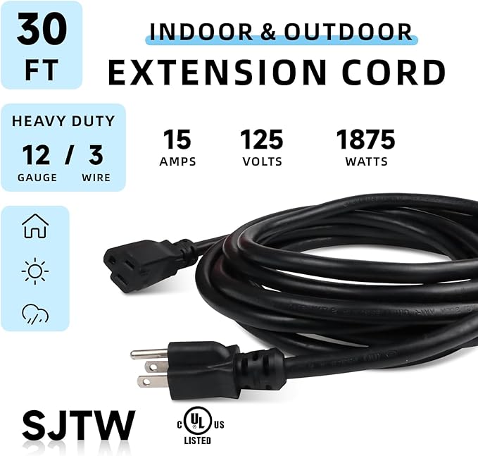 EP 30 Ft Outdoor Extension Cord - 12/3 SJTW Heavy Duty Black Extension Cable with 3 Prong Grounded Plug - Power Cord for Lawn, Garden, Appliances