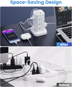 Power Strip Tower with Surge Protector 1800J, Fast Charging Tower PD20W USB-C Ports with 12 AC Outlets, 6ft Extension Cord for Home Office Dorm Room, White