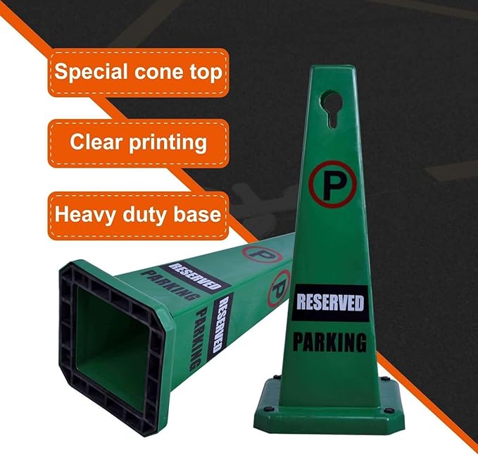 Reserved Parking Sign, 26.4-Inch Green Plastic Cone, High-Visibility, Weatherproof, Slip-Resistant Base, Stackable, Indoor Outdoor Parking Control - 4 Pack
