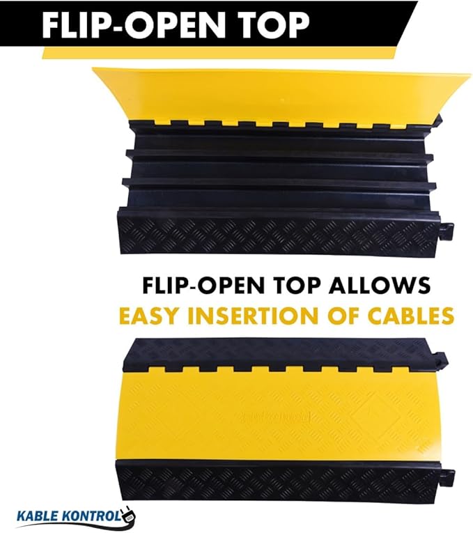 Kable Kontrol Atlas Heavy Duty Cable Protector Ramp - 3 Channel - 1 Pc - 36” Long Black & Yellow – 44000 Lbs Capacity - Rubber Speed Bump Wire Protector Cord Cover – CP9986
