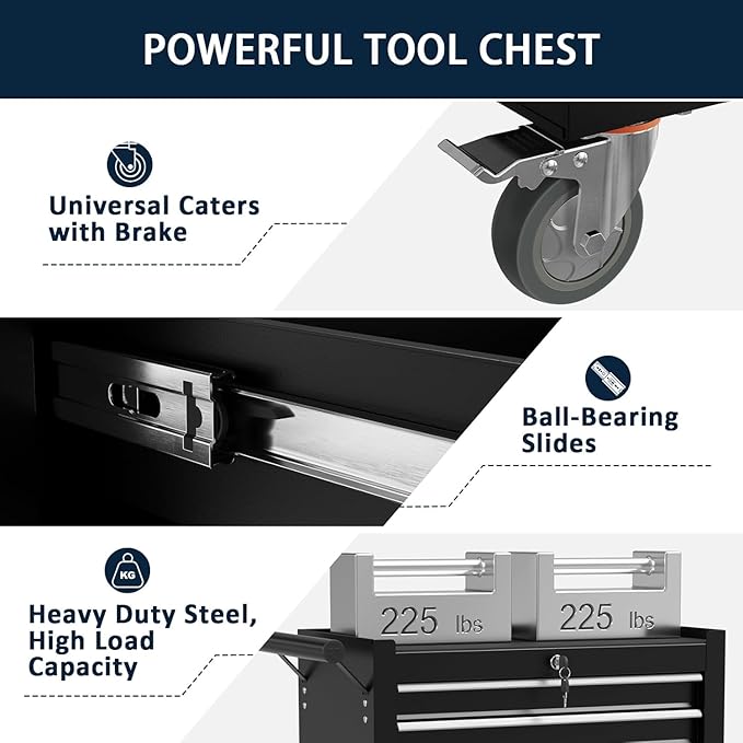 7-Drawer Metal Rolling Tool Chest with Wheels,Tool Storage Cabinet with Locking System，Toolbox with Wheels for Garage,Workshop, Repair Shop(Black, 7-Drawer)