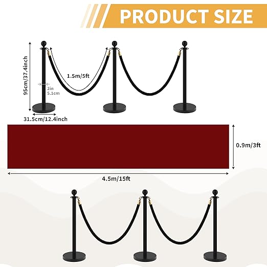 6Pcs Stainless Steel Stanchion Posts with 5ft Red Velvet Ropes - Crowd Control Barriers & Queue Line Kit with 26ft Red Carpet for Wedding, Party, Theater Supplies