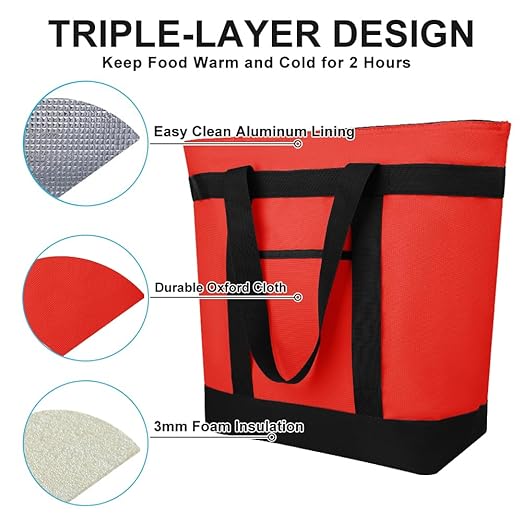 Insulated Reusable Tote Bag for Grocery Shopping for Women, Pizza/Food Delivery Bag to Keep Food Cold/Hot for Commercial Food Transport, Cooler bags for Travel/Beach/Picnic, Non-Waterproof, Red