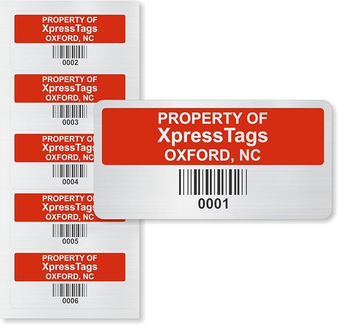 XpressTags 1" x 2" Custom Asset Labels with Barcode & Serial Number, Fixed Inventory Asset Tags, Brushed Metalized Silver Polyester Stickers - Pack Sizes 100 to 5000, Made in USA
