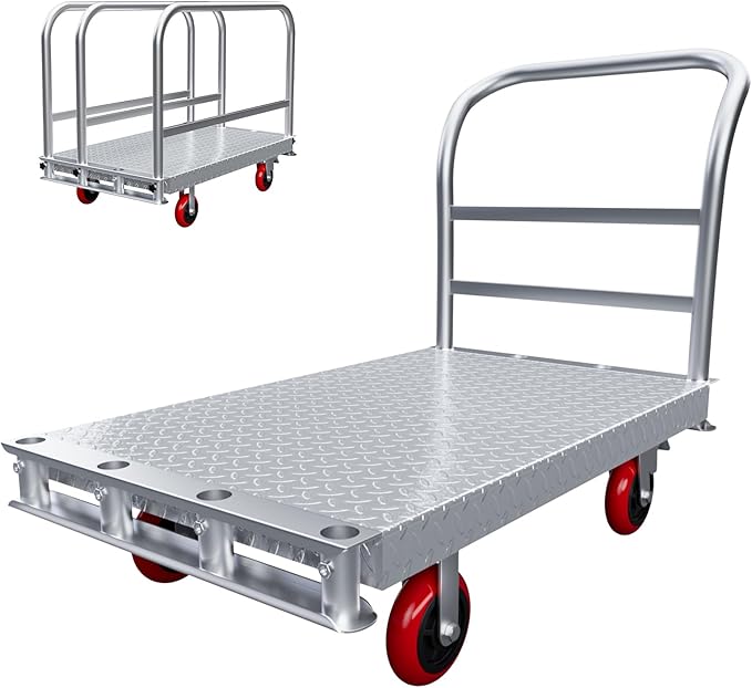 2IN1 Steel Panel Cart Dolly – Heavy Duty Drywall Lumber Truck Cart with 3000 LBS Capacity, 44 x 28 Inch 2.2MM Steel Plate, 6" Swivel Brake Wheels, 1 Front & 3 Side Handrails (XL)