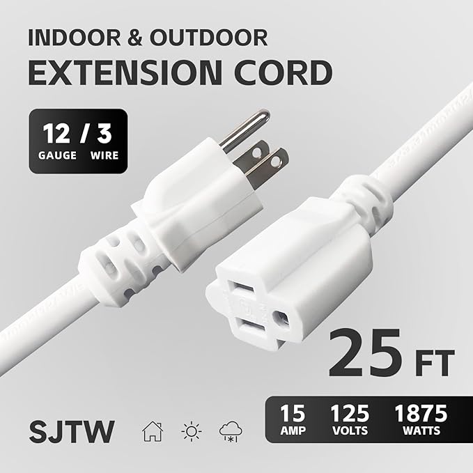 25 FT 12 Gauge Extension Cord Outdoor, Heavy Duty Weatherproof & Flame Retardant Black 3 Prong Power Cord, Outside for Garden & Lawn, 15 Amps 1875 Watts 125 VAC 12AWG SJTW, UL Listed