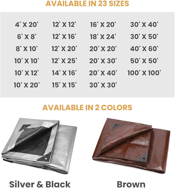 WHITEDUCK Super Heavy Duty Poly Tarp Cover 16 Mil & 10 Mil with Grommets and Reinforced Edges (Brown, White & Silver Black) (Silver Black- 16 Mil, 12' x 20')