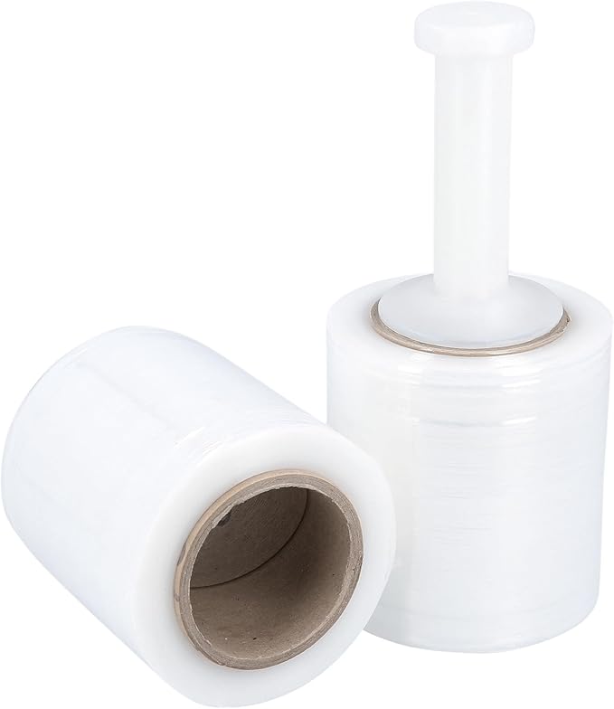 PSBM 24 Rolls 4 Inch x 650 Feet 100 Gauge Mini Stretch Film/Wrap with Plastic Handle, Heavy Duty Industrial Strength Clear Shrink Plastic Wrap for Moving, Packing, Shipping, Bundling & Storage