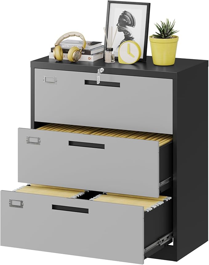 3 Drawer Lateral File Cabinet with Lock, Metal Steel Filling Cabinets for Home Office, Gray Lockable Storage Cabinet for Hanging Files Letter/Legal/F4/A4 Size-Assembly Required