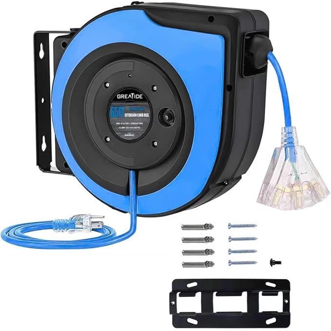 Retractable Extension Cord Reel, 65 Feet 12 AWG/3C SJTOW Heavy Duty Power Cord,15 AMP Circuit Breaker, 3-Lighted Triple Outlets, Ceiling or Wall Mount Use Gifts for Dad