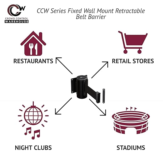 Crowd Control Warehouse - CCW Series WMB-120 Fixed Wall Mount Retractable Belt Barrier - 11 Foot, Orange Belt with Black Steel Case, Crowd Control Barriers