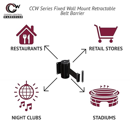 Crowd Control Warehouse - CCW Series WMB-120 Fixed Wall Mount Retractable Belt Barrier - 11 Foot, Black/Blue Stripe Belt with Black Steel Case, Crowd Control Barriers