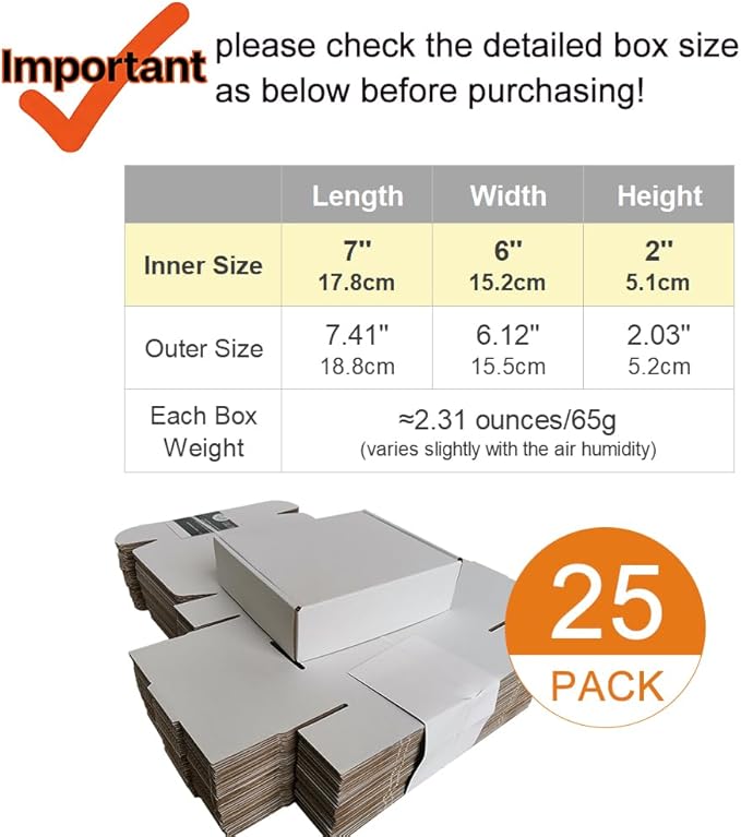7x6x2'' Small Shipping Boxes 25 Pack, Corrugated Cardboard Mailers for Small Business, White (CM762-25)