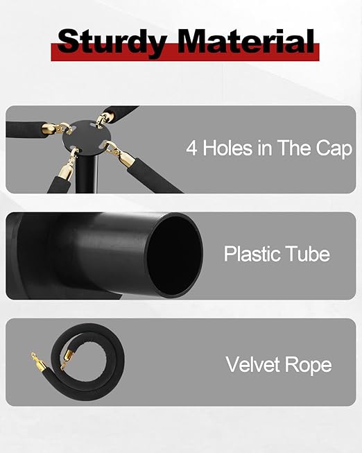 RoadHero Plastic Stanchion Post, Black Velvet Ropes and Poles with Weighted Base, Ropes Safety Barriers for Crowd Control, Party and Movie Theater, 4 PCS