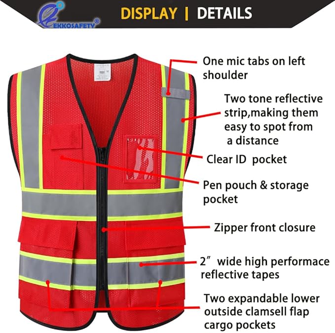 Reflective Mesh Safety Vest for Men Women with 5 Pockets and Zipper Front High Visibility Mesh Vest Hi Vis Construction Work Vest,Meets ANSI/ISEA Standards(EK175-Red-S)