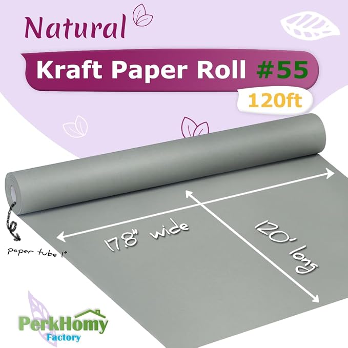 PerkHomy 17.8" x 1,440" (120') Light Grey Kraft Paper Roll for Craft Bulletin Board Paper Art Table Covering Crafting Gift Wrapping Bouquet Packing Parcel 80GSM 55LB (Light Grey, 17.8" x 120')