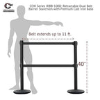 Crowd Control Warehouse CCW Set of 2 Dual Retractable Belt Barrier Stanchion, Cast Iron Base Black Post, IRBB-100D (9 Belt, RED with"NO Entry" White Letters Belt)
