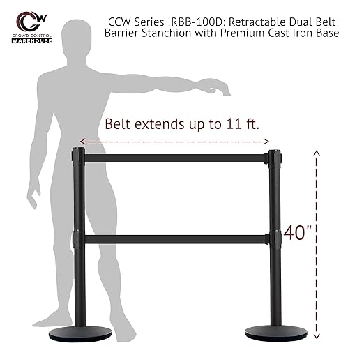 Crowd Control Warehouse CCW Set of 2 Dual Retractable Belt Barrier Stanchion, Cast Iron Base Black Post, IRBB-100D (11 Belt, Yellow with"Caution - Wet Floor" Black Letters Belt)